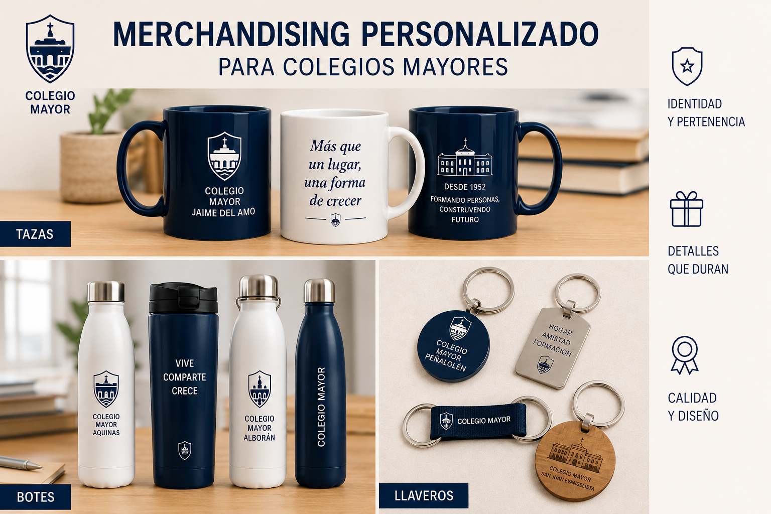 Tazas, botes, llaveros personalizados para colegios mayores